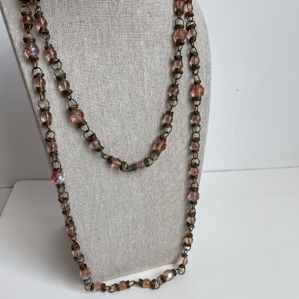 Vintage Ab Aurora Borealis Coated Glass Bead Brass Opera Long Necklace 24” Dia